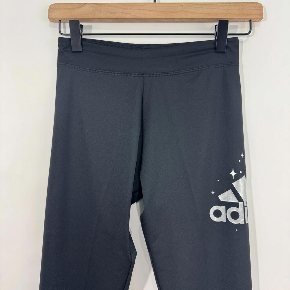 Adidas Big Girl’s Size Large 14 Black Silver Logo Sporty Athletic Tights New - Picture 2 of 9
